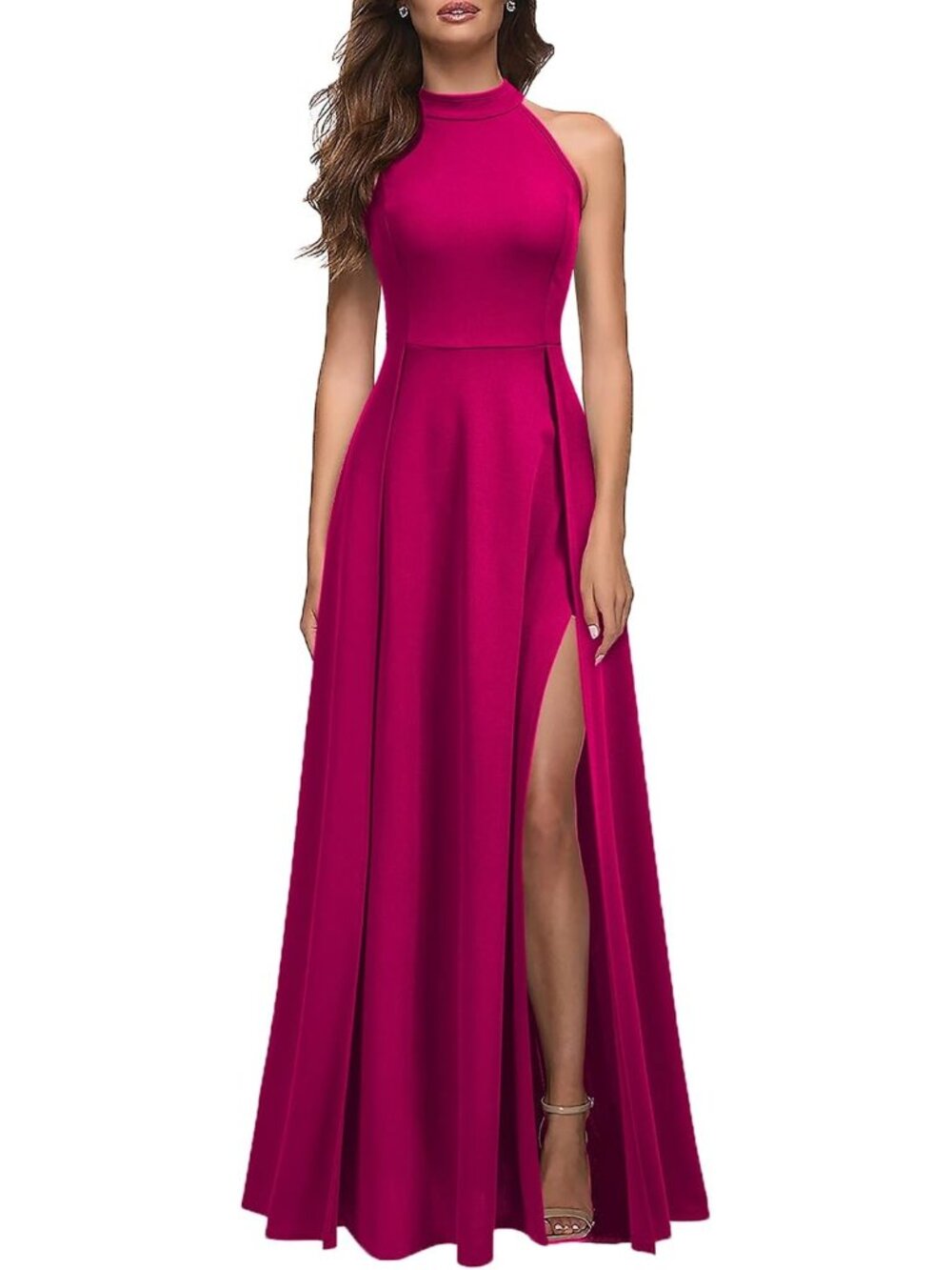 Women's Magenta Halter Neck Sexy Split Cocktail Party Formal Long Maxi Dresses